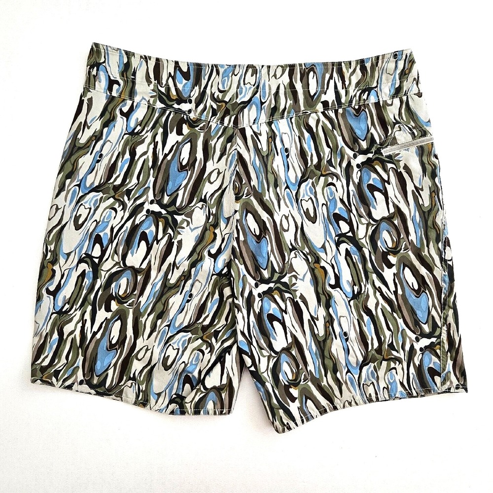 Patagonia Men's 38 Blue Green Wavefarer Boardshorts Fitz Roy Trunks Camo Shorts - Picture 5 of 7